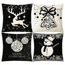 4 Stücke Weihnachts-Leinen bedruckte Kissenbezüge & Stuhlbezüge, geeignet für Wohnzimmer, Bett, Sofa Heimdekoration Kissenhüllen, weich & minimalistisch Sofakissenbezüge, Kissenfüllungen nicht enthalten