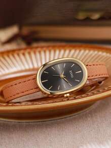 1pc New Stylish Leather Watch Set For Women, Minimalist Small Dial Oval Shaped Casual Ladies Watch, Student Version