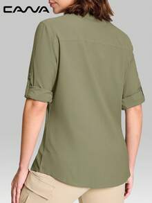 Cavva Women's Quick-Dry Water-Resistant Fishing Shirt Lightweight Breathable Mesh-Like Texture Slightly Loose Fit Convertible Roll-Up Sleeves 2 Hook-And-Loop Chest Pockets Rod Holder Patch Adjustable Button Cuffs Outdoor Hiking Casual - Mint Green - View 3