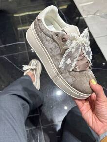Women's Thick Sole Casual Sneakers, Practical & Versatile - Khaki - View 2