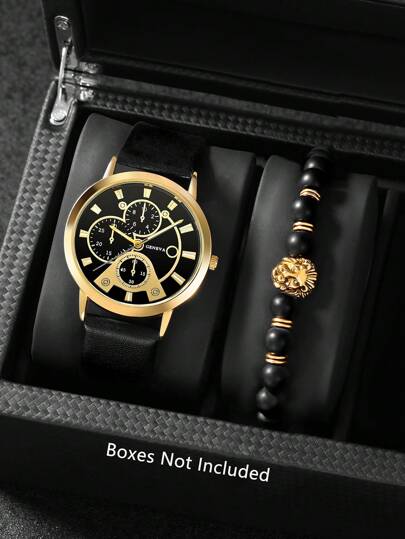LIANDU LIANDU 1 conjunto de relógios masculinos da moda, casual, de quartzo, com mostrador redondo, pulseira com contas e cabeça de leão, conjunto de joias, perfeito para uso diário, presentes de aniversário, festas, reuniões de feriados e como o presente ideal para você ou amigos. Caixas não incluídas.