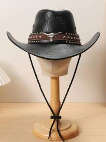 1 Unisex Metal Bull Imitation Diamond Decorated PU Leather Casual Top Hat, Elegant, Suitable For Travel, Parties, Western Cowboy Themed Parties, And Daily Use