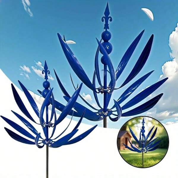 Creative Courtyard 3D Wind Capture Device, Spring Garden Lawn Outdoor Courtyard Decoration, Unique Wind Collector, Magical Kinetic Metal Windmill, Rotator, Wind Catcher, Suitable For Courtyard, Garden, Courtyard Decoration Sculpture, Large 3D Metal Windmill Sculpture Garden Courtyard Decoration - Unique Blue Leaf Design, No Need For Electricity, Easy To Assemble Outdoor Art Ornaments, Modern Garden Scenery