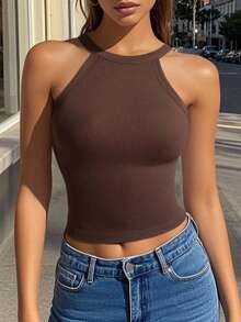 1 Áo ba lỗ dây mảnh màu trơn, thoải mái, tối giản, thường ngày, thường ngày, cắt cúp, có đệm ngực cố định, vừa vặn, tập luyện - màu nâu - Xem 3