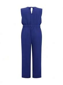 FASHION MIX PREMIUM Elegant Long Jumpsuit Tailored With Detail At The Waist And V-Neckline Plus Size Women's Fits 46 To 50 - 寶藍色 - 查看 2