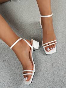 White High Heel Sandals For Women, Elegant White High Heel Mule Sandals With Ankle Strap, Chunky Heel Open Toe Summer Shoes