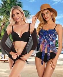 CHICGAL 2 Pieces Women Beach Sarong Bathing Suit Wrap Skirt Sheer Bikini Swimsuit Cover Ups Swimwear - 白色和亮藍色的花 - 查看 5