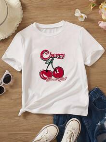 Camiseta de Manga Corta con Cuello Redondo y Estampado de Cerezas - Blanco - Ver 2