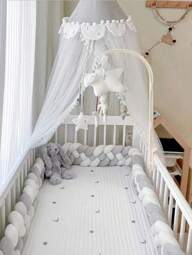 1 st flerfärgad 4-trådig flätad spjälsängsskydd dekorativ sängram, spjälsängsskydd stickat vadderat räcke, handstickad kabelstickad spjälsängsdyna, mjukt tjockt räcke, nyfött spädbarn småbarn kollisionsskydd mjuk spjälsängsgrind, stötsäker kollisionsskydd, tjock och hög vadderad lind, passar för vagga, skötbord, barnvagn, spjälsäng