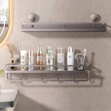 1pc Heavy Duty Rust-Proof Shower Caddy With Suction Cup - Space Saving Floating Wall Mount Rack With Towel Hooks, For Shampoo, Soap And Bathroom Accessories, Metal Design, Fits Modern Bathrooms