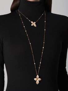 1pc Fashionable Floral Double Layer Crystal Rhinestone Pendant Long Necklace, Elegant Stage Accessories - Flower - View 8