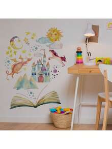 1 件故事书儿童房墙贴 - 童话书主题可移除儿童房装饰，卡通城堡龙教育墙贴适用于游戏室家居装饰