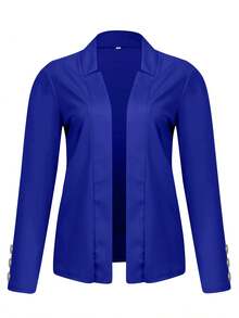 Women's Fashionable Casual Solid Color Long Sleeve Button Jacket - Color Blue - View 2