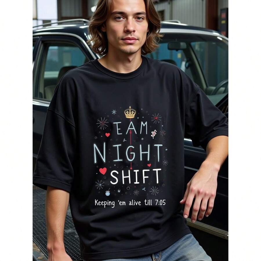 Funny T-Shirts, High Quality T-Shirts For Men, Team Night Shift: Nurse's Humorous T-Shirts For Night Shift Workers, Black Crewneck, Clothes Men As Present - 黑色 - 查看 1