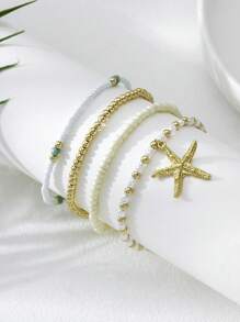 4pcs/Set Bohemian Handmade Beaded Stackable Elastic Bracelets, Colorful Multistrand Pearl Bead Bracelet With Gold Starfish Pendant, Anklet, Summer Beach Boho Jewelry Gift