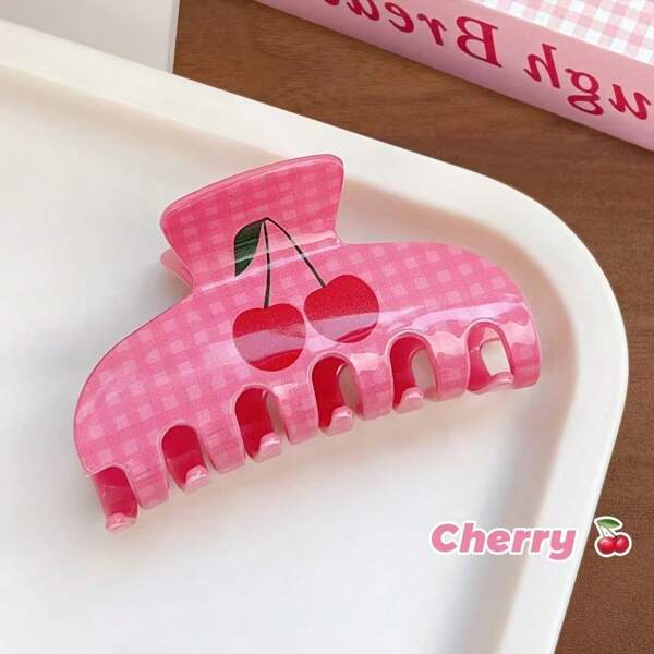 1 Stück neue Design Karomuster Kirsche Bommel Acryl Haarspange, modische Haarkralle für Frauen, mittelgroßer runder Bissstil Mode Haaraccessoire elegante Haarspange