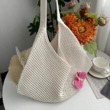 Summer Hollow Knit Tote Bag, Large Capacity Luxury Women Plain Casual Shoulder Bag, Butterfly & Floral Decor One Shoulder Strap Tote, Suitable For Daily Use, Hangout With Friends, Gift