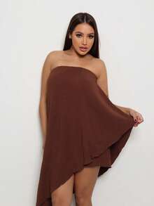 Women's Short Strapless Asymmetrical Casual Party Elegant Layered Dress - Rust Brown - View 3