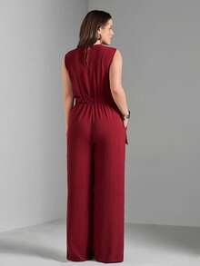 FASHION MIX PREMIUM Elegant Long Jumpsuit Tailored With Detail At The Waist And V-Neckline Plus Size Women's Fits 46 To 50 - 紅木色 - 查看 5