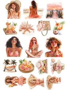 Set da 17 pezzi di adesivi estivi cartoni animati Sha Tin per bikini, resort, decorazione di album, planner giornalieri, diari, forniture scolastiche, back to school