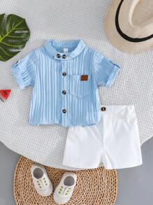 Set da 6 pezzi Outfit per bambini maschio, composto da camicia con colletto alla coreana e pantaloncini comodi, in stile britannico