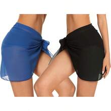 CHICGAL 2 Pieces Women Beach Sarong Bathing Suit Wrap Skirt Sheer Bikini Swimsuit Cover Ups Swimwear - 黑色和純藍色 - 查看 3