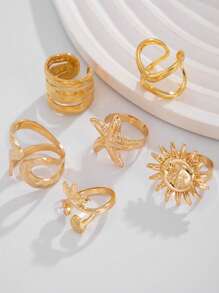 6pcs/Set Bohemian Style Starfish & Hollow Sun Flower Geometric Ring Set, Suitable For Beach And Daily Wear