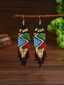 1 对波西米亚风编织流苏珠花耳环（珠子颜色随机）