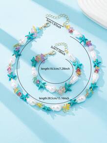 Collier 2 pièces style océan fait main en fausses perles et étoile de mer dorées pour femme, bracelet bohème en perles turquoise bleues, parure de bijoux style plage, élégant et délicat, idéal au quotidien ou pour une soirée en bord de mer.