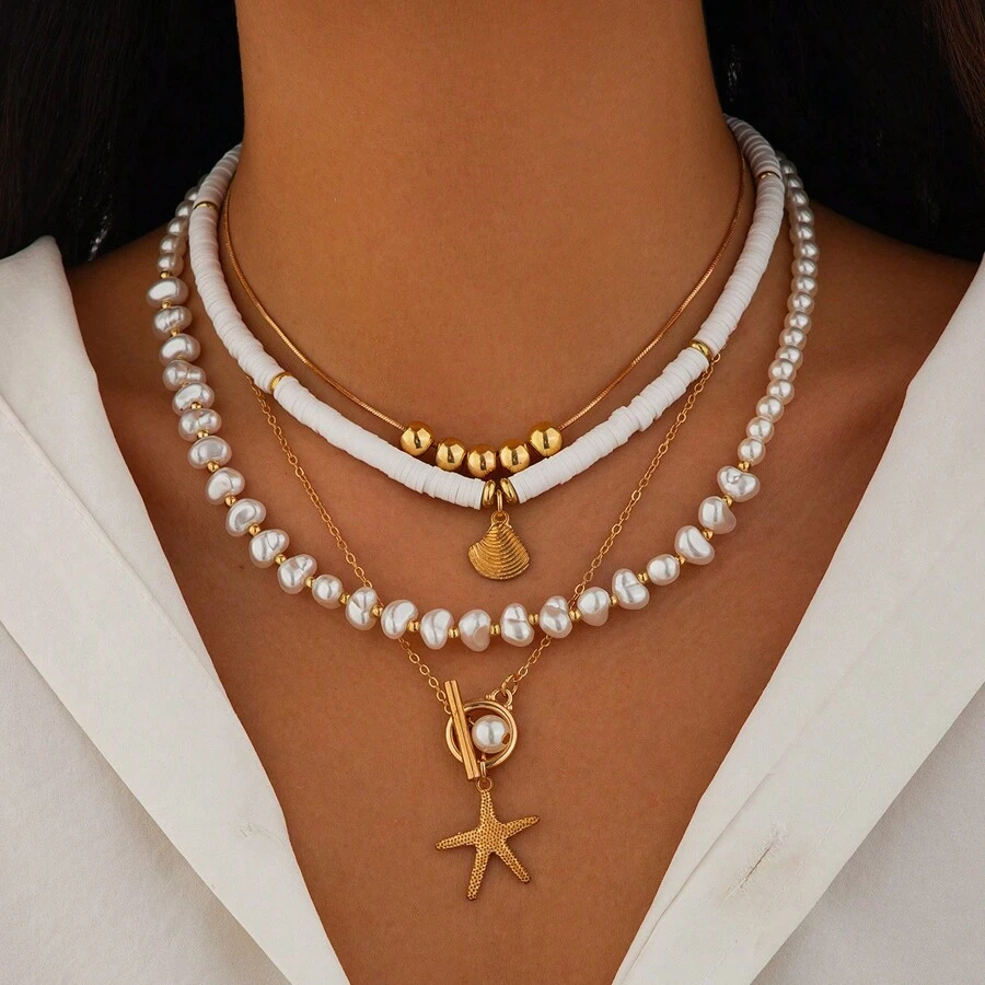 4pcs/Set Beach Style Shell Necklace Set, Baroque Faux Pearl Vintage Bohemian Style Women Necklace