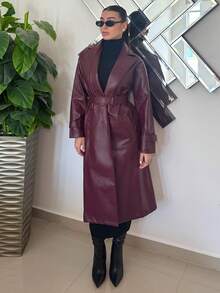 Andrea Bello 酒红色 PU 皮革现代街头风格长款女士常规夹克，秋冬 - 酒紅色 - 查看 2
