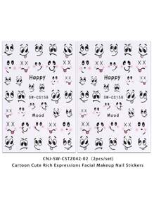 2 Cartoon Cute And Rich Facial Expression Nail Art Stickers - Black, White, Red, Pink Smile, Mischievous, Angry, Intoxicated Expression Art Design, 3D Flat Technology, Suitable For Women's Disposable Self-Adhesive Nail Art Stickers, Cartoon Cute Theme Style, Easy To Stick Nail Decoration Stickers