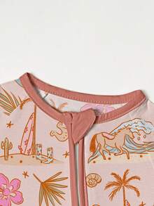 Baby Bamboo Fiber Zip-Up, Cowgirl Western Style Print Short Sleeve Romper, Summer Knit Fabric Skinny Fit With Zipper Detail, Boy Baby Girl Clothes, Perfect For Outdoor - 粉色 - 查看 6