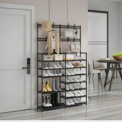 Zapatera/Perchero Multifuncional, Organizador de Calzado con Perchero Incorporado,Estante de zapatos multifuncional de doble ,7 Niveles de 8 Ganchos,  Resistente, Ahorro de Espacio, para Zapatos y Accesorios