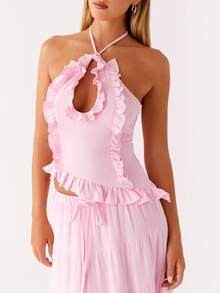 Crossover Halter Neck Ruffle Top For Women Tie Up Sleeveless Backless Top Summer Hollow Out Ruffled Vest For Club Party Beach Wear - 亮粉紅色 - 查看 1