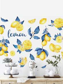 蓝叶和黄柠檬墙贴，水果墙贴适用于酒店、家庭、办公室、卧室、客厅、出租物业，可移除 PVC 材料墙贴房间装饰墙面装饰个性化贴纸