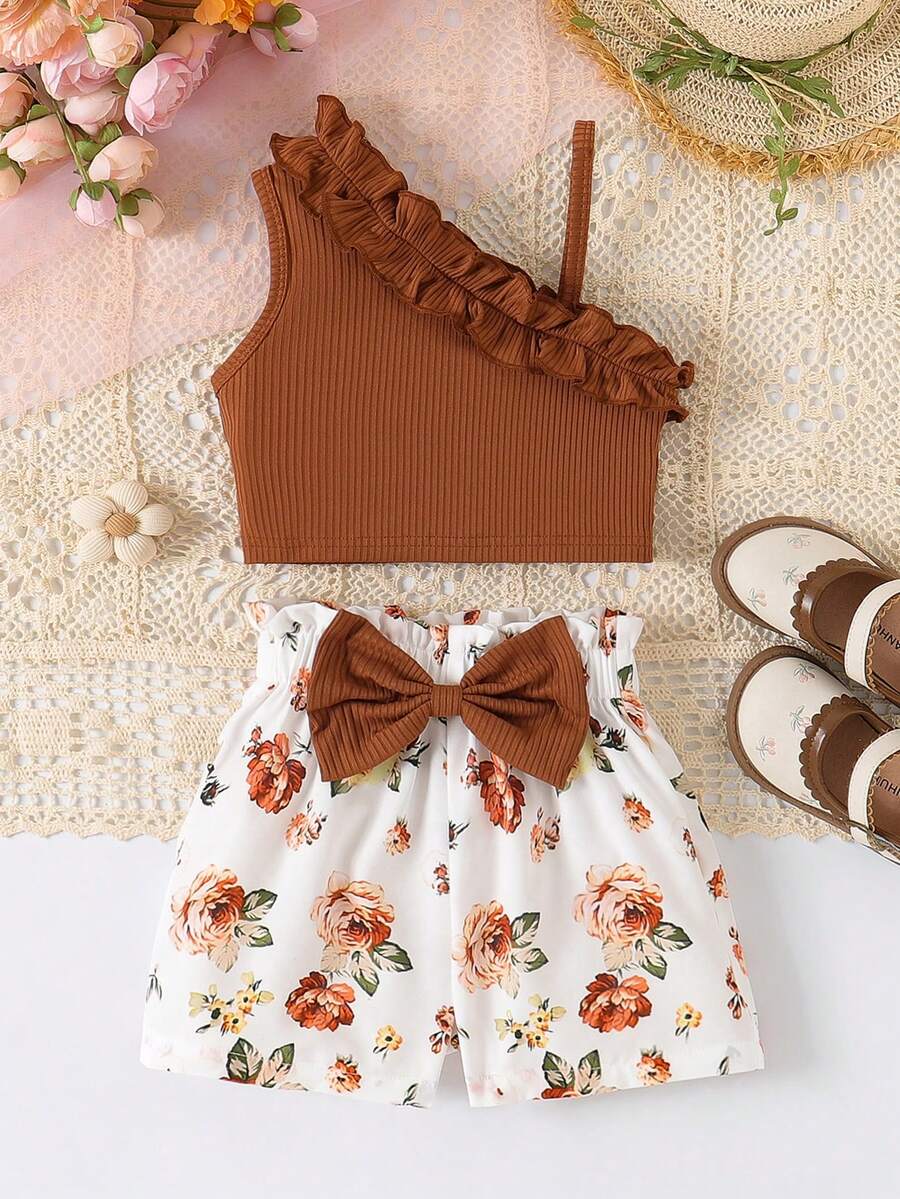 女童荷叶边吊带背心 + 向日葵印花蝴蝶结短裤 2 件套 - 棕色 - 查看 1