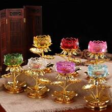 1pc, Elegant Crystal Lotus Candle Holder, Tabletop Religious Candlestick Decor, Alloy Butter Lotus Candlestick Ideal For Christmas, Easter, Thanksgiving, And More, Elegant Candle Holder, Candle Decor