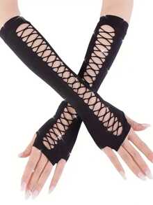 2 Stücke/ 1 Paar Damen Gothic Schwarz Dekorative Langarm Steampunk Handschuhe Halloween Handschuhe