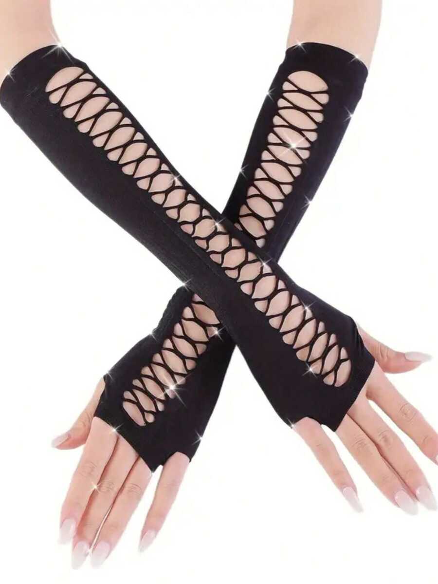 2 Stücke/ 1 Paar Damen Gothic Schwarz Dekorative Langarm Steampunk Handschuhe Halloween Handschuhe