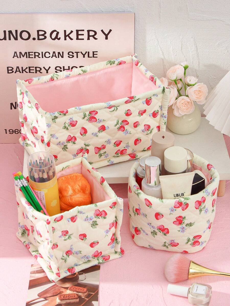 1 件/套 可爱黄色草莓印花绗缝女孩化妆品收纳篮护肤品收纳篮袋女士化妆收纳化妆品收纳盒化妆品刷子收纳多功能收纳化妆品、口红、刷子、护肤品、手机、耳机、玩具、书籍、小物件家居装饰卧室装饰客厅装饰浴室装饰生日礼物乔迁礼物周年纪念礼物伴娘礼物母亲礼物送给朋友的礼物教师礼物