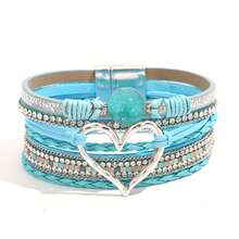 Bohemian PU Leather Wrap Bracelet With Magnetic Clasp Style Heart Charm Bracelet Everyday Wear-No Mosaic Material-All Seasons Easter Gift, Gold Color, For Women