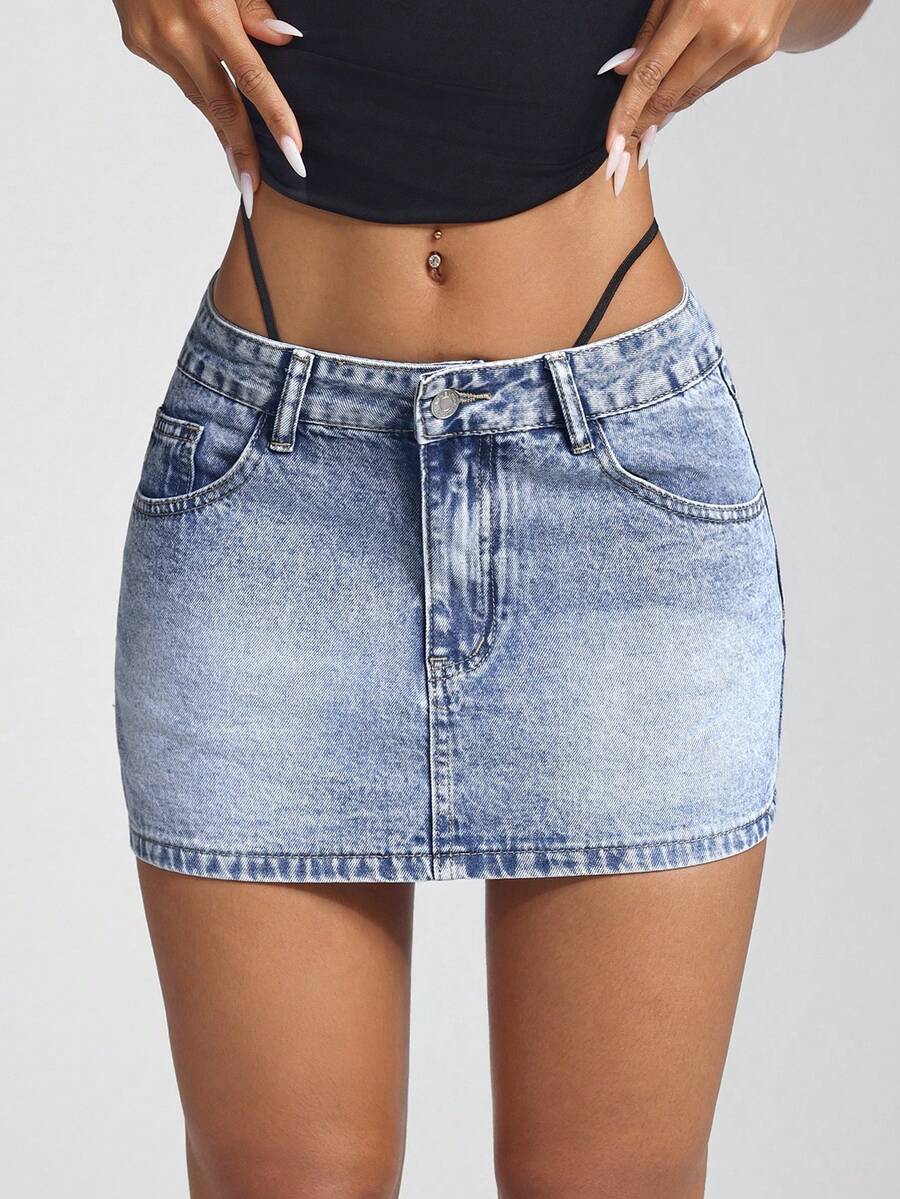 Jeanoix Falda mini de mezclilla lavada de cintura baja sexy para mujeres