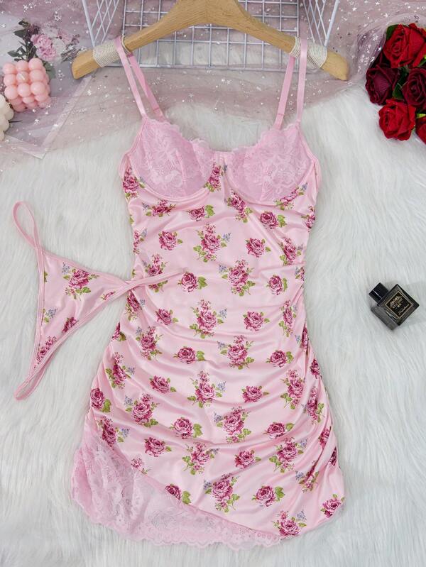 2-delige set met bloemenprint, romantisch, rustiek, kanten patchwork, sexy lingerie voor dames, lente/zomer