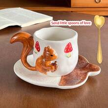 1 件套全新可爱手绘松鼠蘑菇陶瓷杯碟套装，有趣的下午茶套装，非常实用且上镜，是返校的精美小礼物 - 咖啡棕 - 查看 3