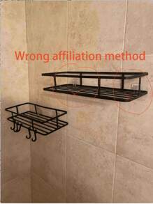 1pc Iron Storage Rack With Hook, Multifunctional Black No Perforation Wall Mounted Corner Storage Rack For Bathroom
