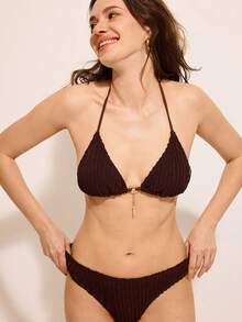 Costasola 2 peças/conjunto Mulheres Verão Praia Cor Sólida Halter Amarrar Maiô Bikini Sexy Maiô - Café - Visão 4