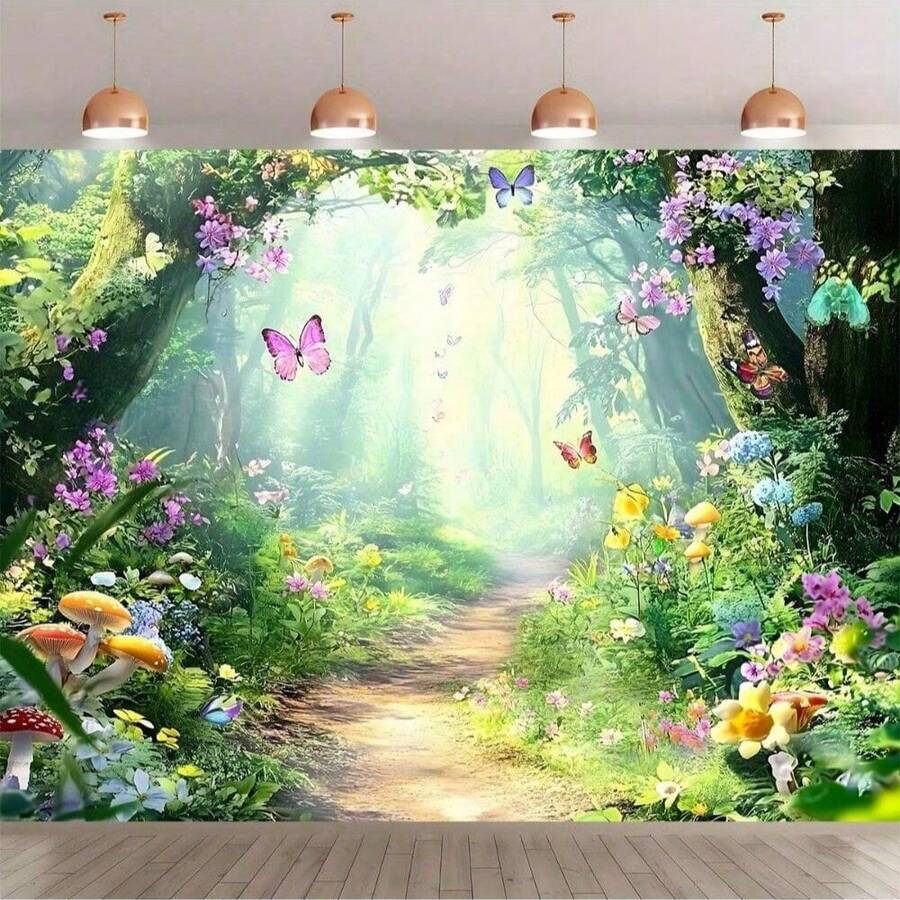 Phông nền Rừng kỳ diệu - Cảnh thiên nhiên bằng sợi polyester với bướm - Trang trí tường có thể tái sử dụng, Thích hợp cho đám cưới, sinh nhật, kỷ niệm - Phông nền chụp ảnh đa năng cho sự kiện trong nhà và ngoài trời - Nhiều màu (nhiều màu) - Xem 1