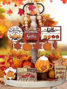 13 件/套 Hello Fall 木制分层托盘装饰品，适用于秋季节日感恩节派对桌面装饰，乡村风格欢迎南瓜迷你木制标牌，适用于农舍餐桌装饰（不含托盘），圣诞节 - 彩色 - 查看 3