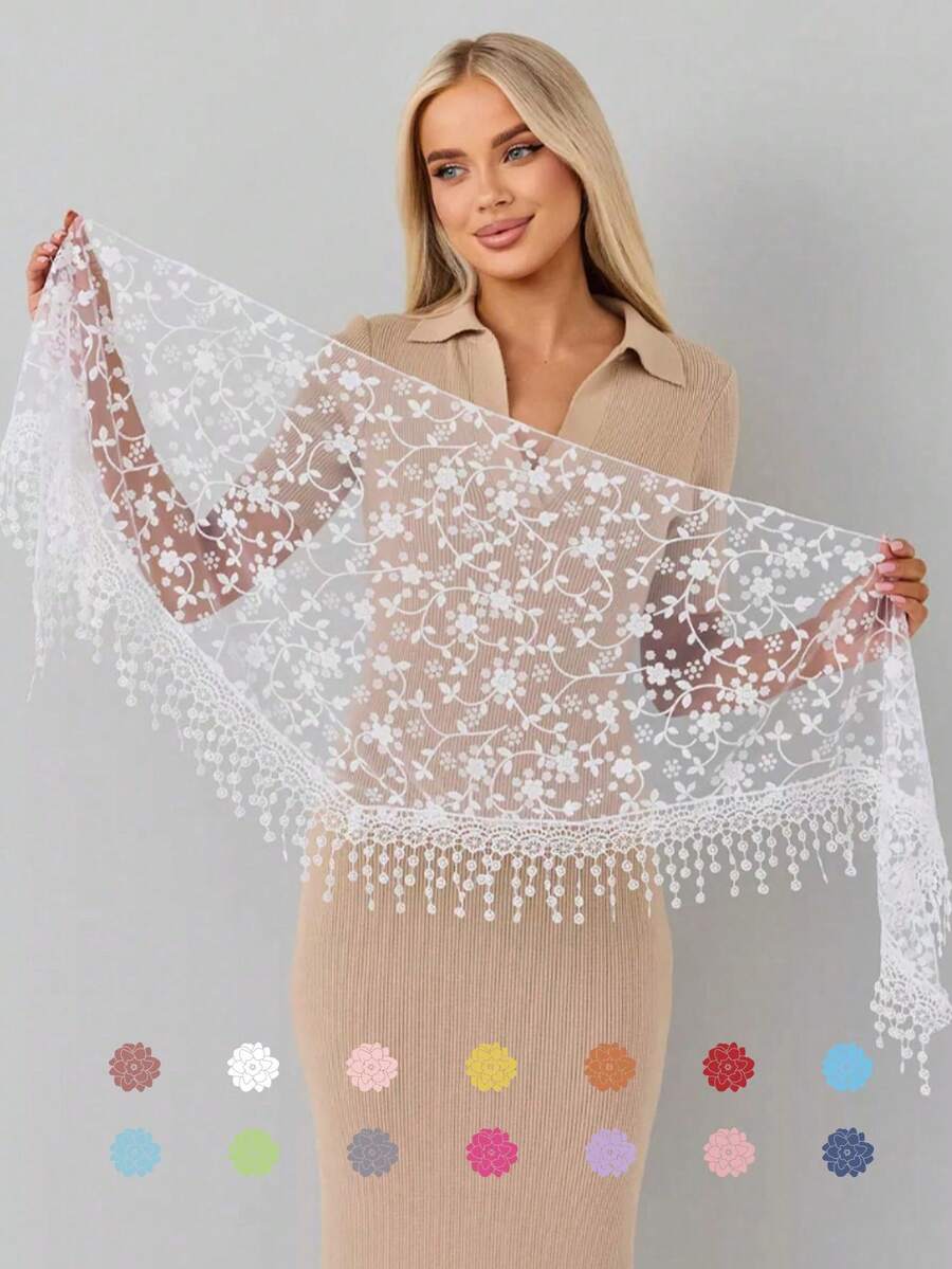 1 chiếc khăn choàng cổ tam giác thêu ren màu trơn cho nữ, khăn choàng đầu hoa hồng rỗng, khăn choàng voan tua rua đa năng, phong cách Bohemian phù hợp để mặc hàng ngày trong mọi mùa